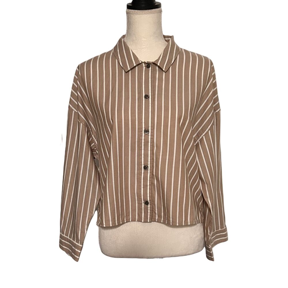 NWOT Everlane The Way-Short Boxy Tan White Striped ¾ Sleeve Shirt Cotton-Medium